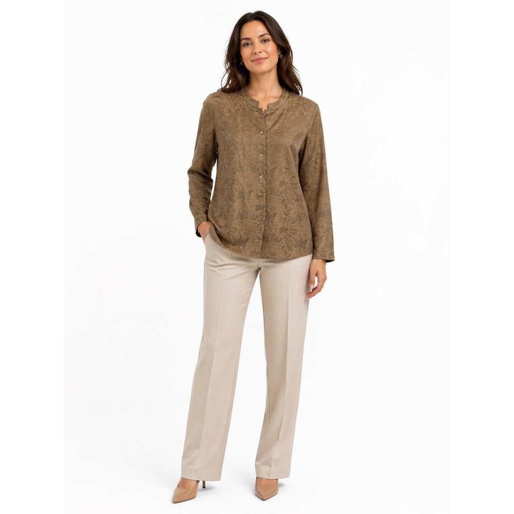 Laura Ashley Silk Linen Floral Jacquard Blouse Bronze Mandarin Collar Size M - Picture 2 of 6
